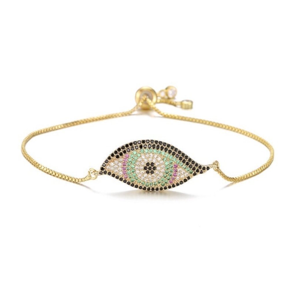 Large Evil Eye Yellow Gold Mosaic Pave Cubic Zirconia Thin Adjustable Bracelet 25$